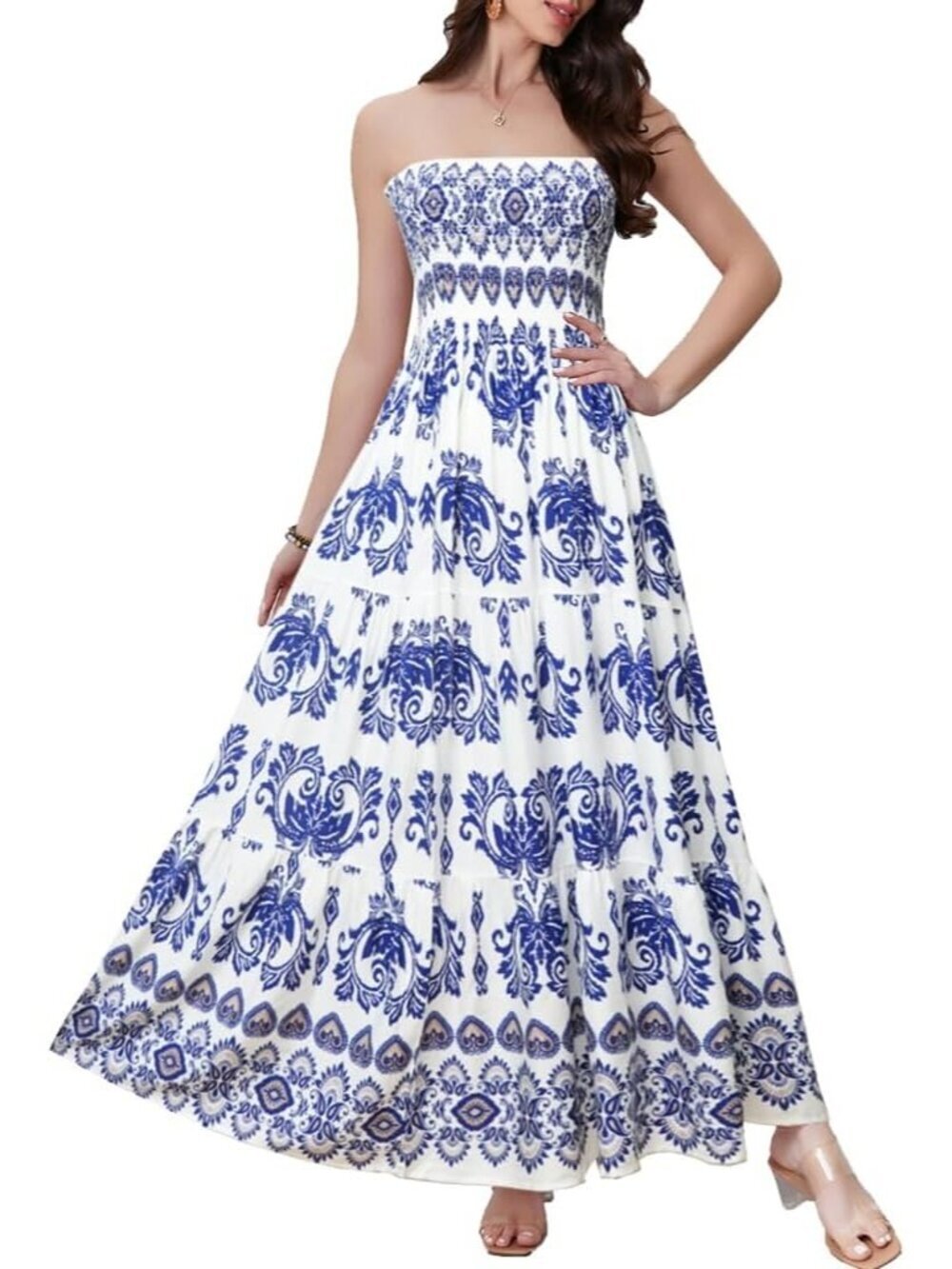 Women's White Blue Flower Tube Top Off Shoulder Boho Beach Long Maxi Dress
